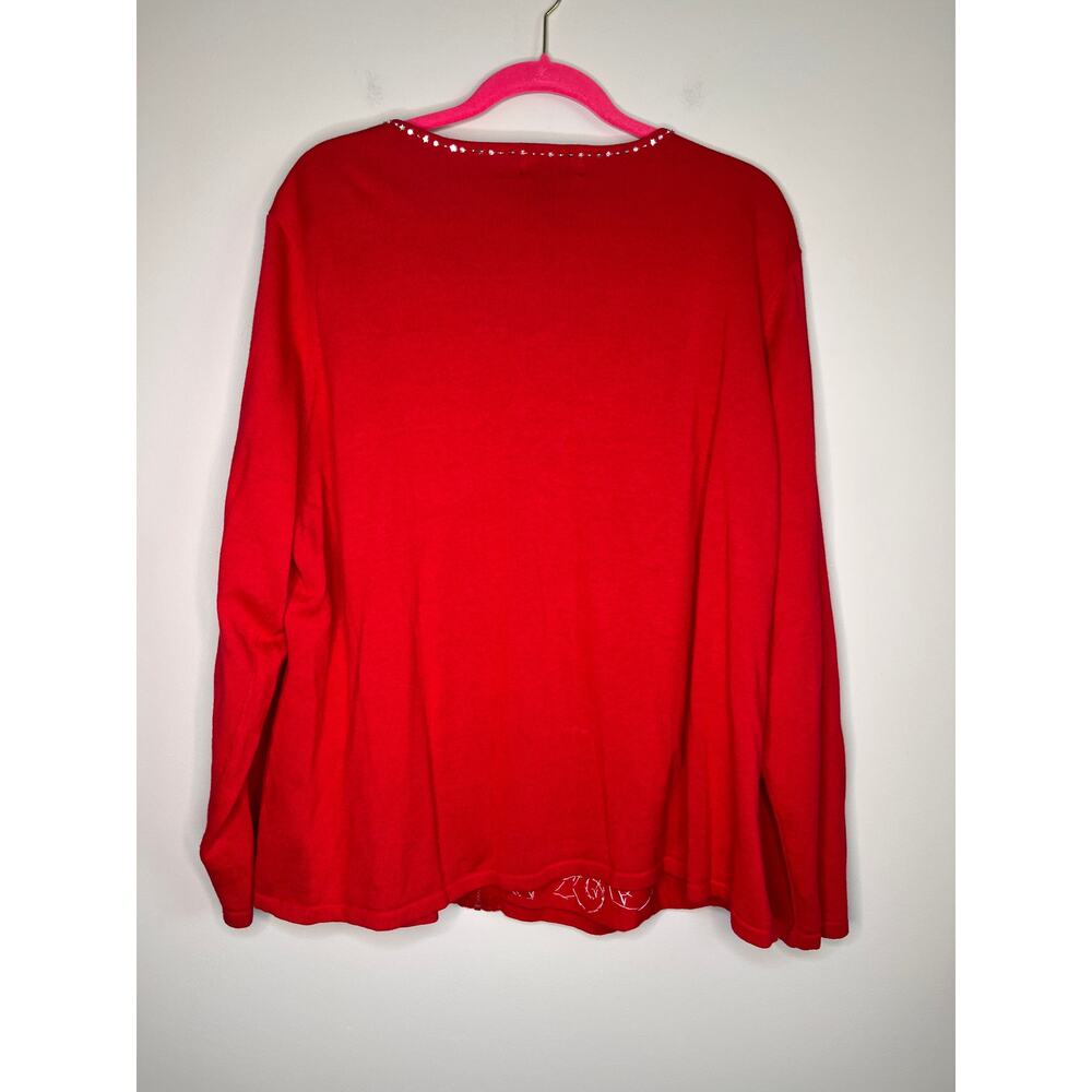 2000s Berek Red Silver Sparkle Snowflakes Glam Christmas Full Zip Cardigan 3XL - Picture 5 of 5